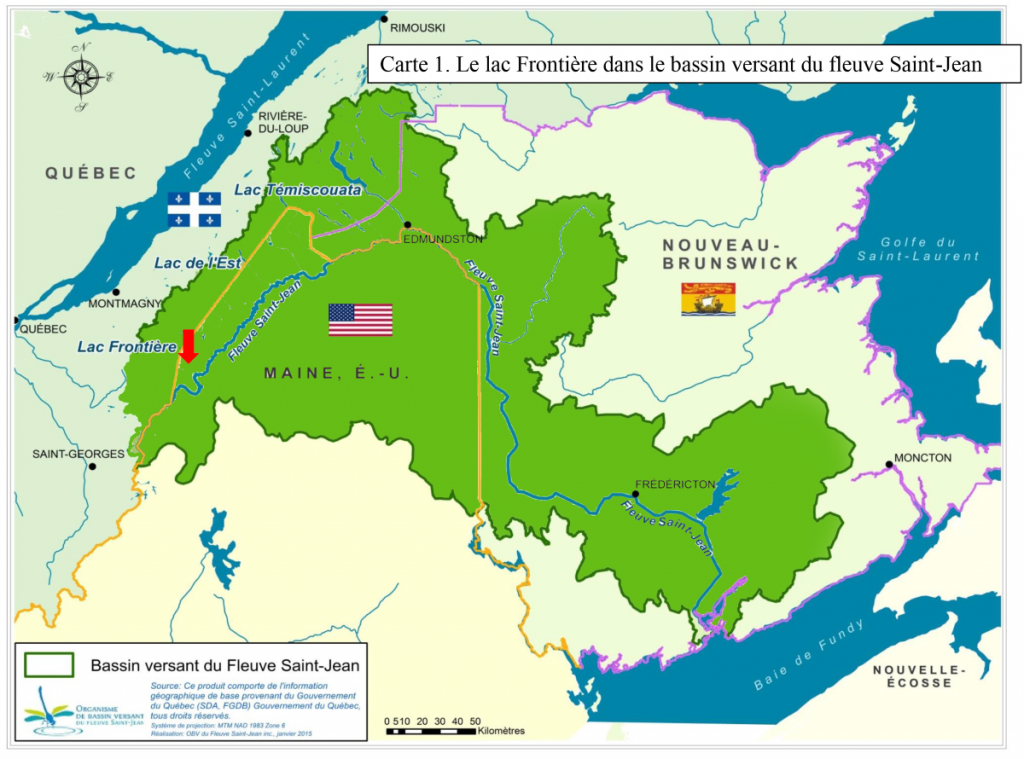 Unlike most water bodies in Quebec that flow into the St. Lawrence, Lake Frontière is located at the head of the Saint John River watershed.