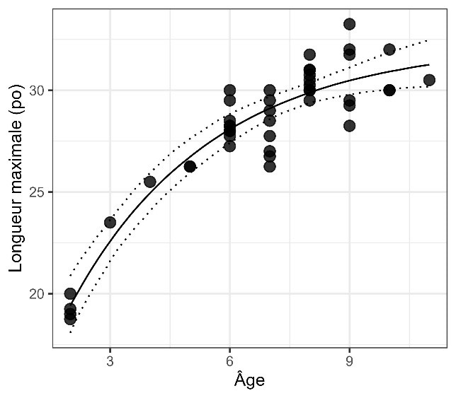 Figure 2. Relation longueur-âge chez la population de maskinongés du lac Traverse. La ligne pleine représente la courbe de croissance de von Bertalanffy et les lignes pointillées l’incertitude à 95 %. La longueur totale maximale est exprimée en millimètres (panneau de gauche) ou en pouces (panneau de droite).